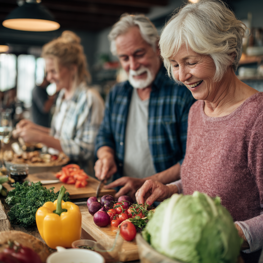 mature adults enjoying healthy meal preparation together