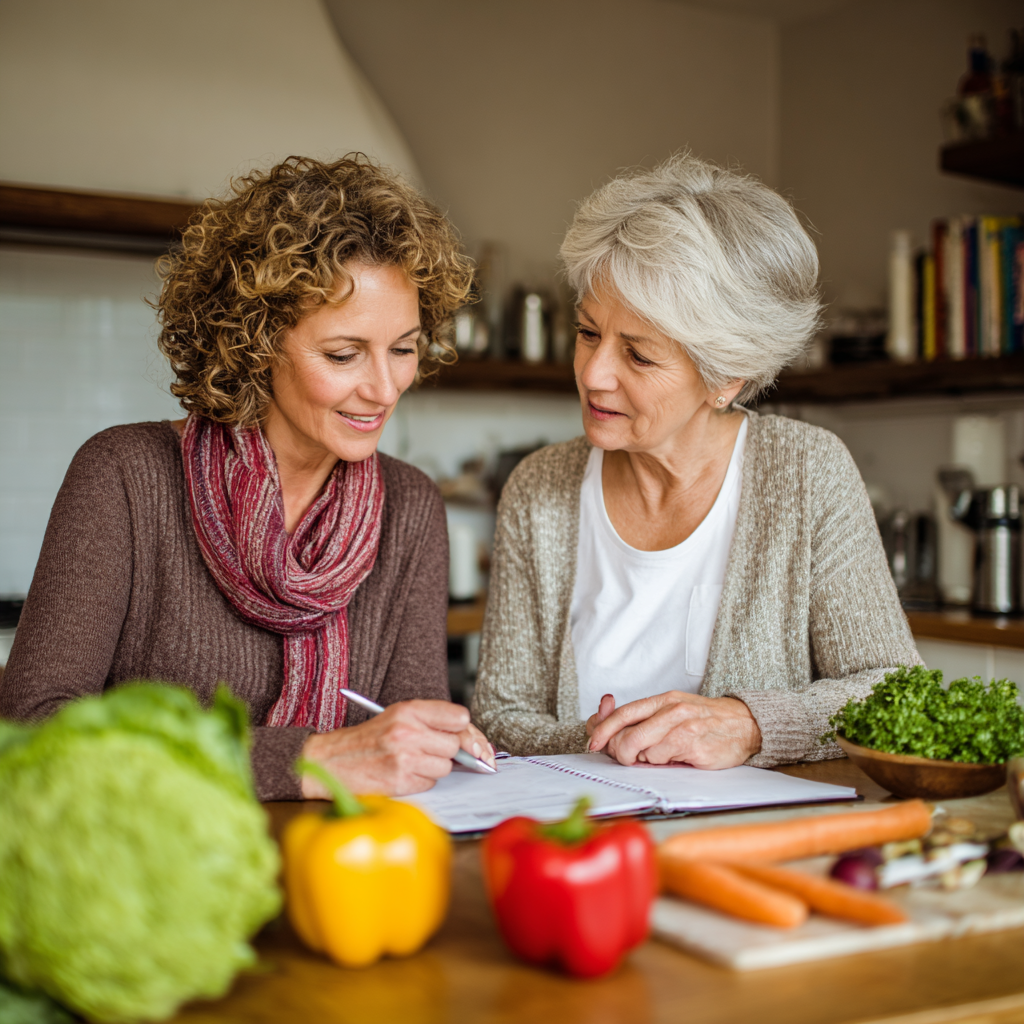 middle-aged nutritionist consulting with older adult client about meal planning